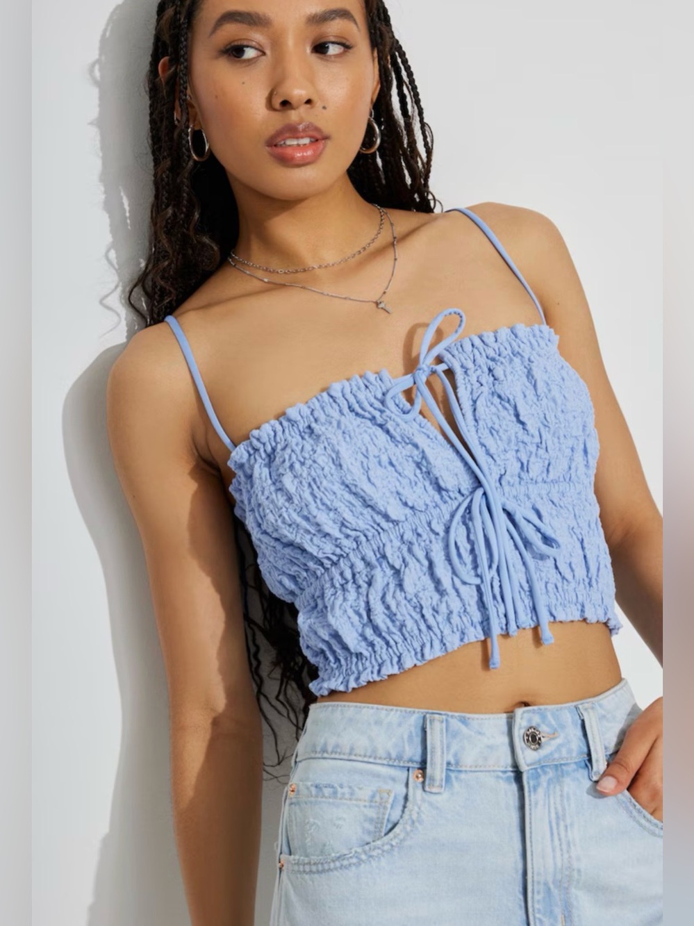 GARAGE Blue Smocked Tie Front Crop Top Ruched Textured Cami Boho Cottagecore | L